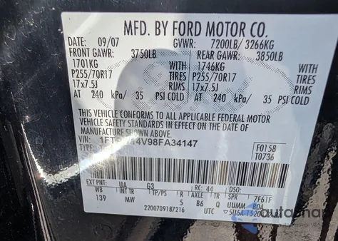 2008 Ford F-150 60Th Anniversary/Fx4/King Ranch/Lariat/Xlt from USA, damaged, VIN 1FTPW14V98FA34147